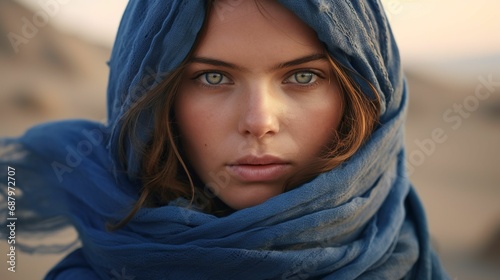 AI generated illustration of a female in a windy desert, her blue scarf billowing in the breeze