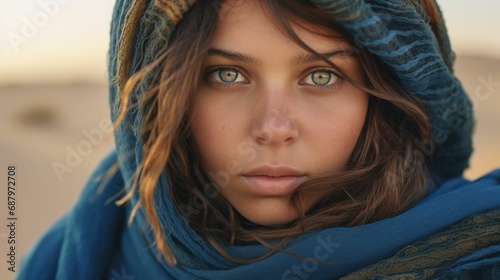 AI generated illustration of a female in a windy desert  her blue scarf billowing in the breeze