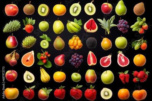 Collection of different types of tropic fruit  isolated on black