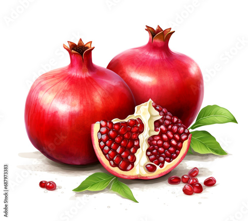 bright red pomegranate fruit healthy food concept Arrange a beautiful top view with space on a white background.