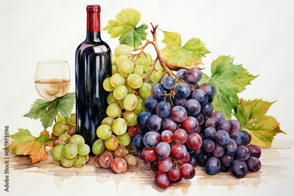 Set of white watercolor grapes and wine isolated on white. AI Generated