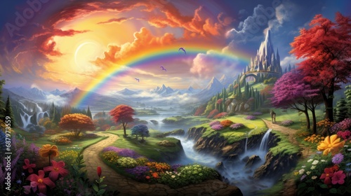 Fantasy landscape with rainbow, waterfalls, and magical castle. Dreamy nature scenery.