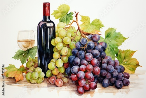 Set of white watercolor grapes and wine isolated on white. AI Generated