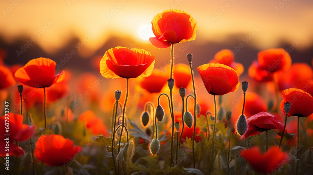 Field full of Poppy flowers at Sunrise