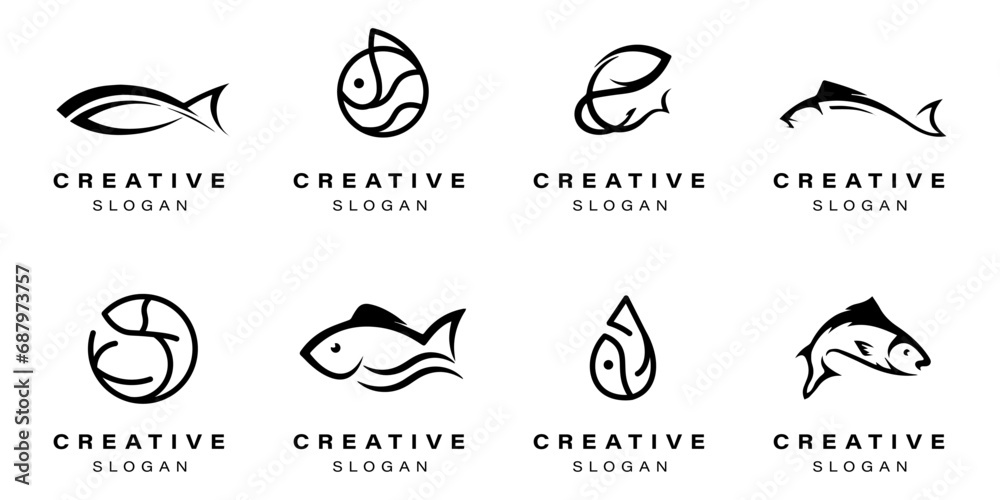 Black fish logo collection on a white background. Fish icon logo templates. Creative fish logo - obrazy, fototapety, plakaty 