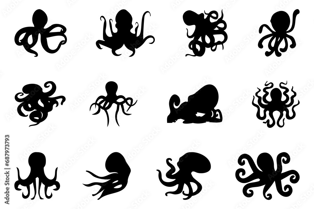 Octopus silhouette collection in black. Set of black octopus silhouette. Collection of octopus silhouettes