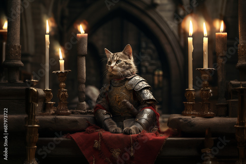 chat vêtu d'une armure de chevalier médiéval dans une église éclairée par de nombreuses bougies en train de prier . Image photoréaliste médiévale. 