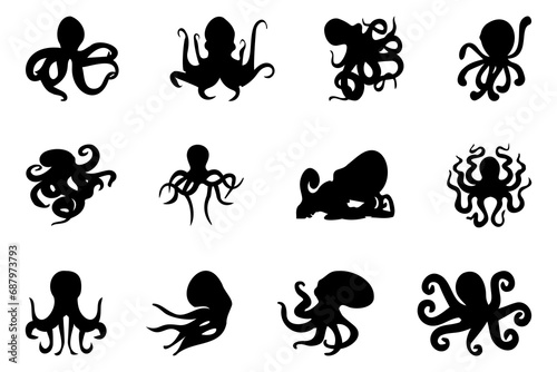 Octopus silhouette collection in black. Set of black octopus silhouette. Collection of octopus silhouettes