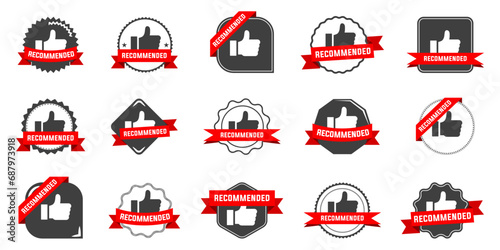 Recommended badge banner collection in red and black. Set of banner recommended with thumbs up. Collection of advertising badges with like