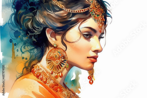 A young female of Indian ethnicity wearing traditional costumes and jewellery