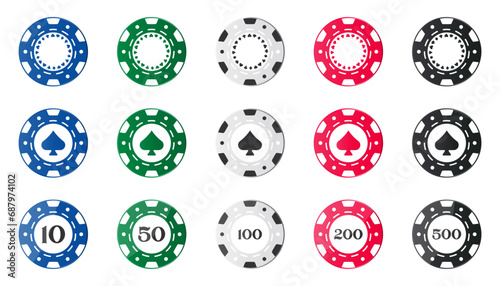 Set of casino chips icons in a flat design. Poker chips collection. Casino chips in different colors. Gambling casino chips