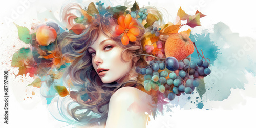 Portrait of a young woman with fruit in her hair, watercolor illustration