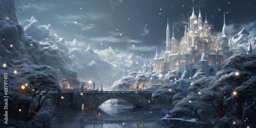 a castle with a bridge and snow
