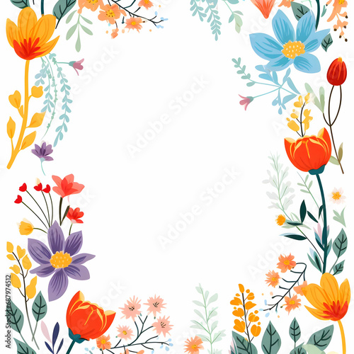 Simple flat summer flowers border invitation template card. High-resolution