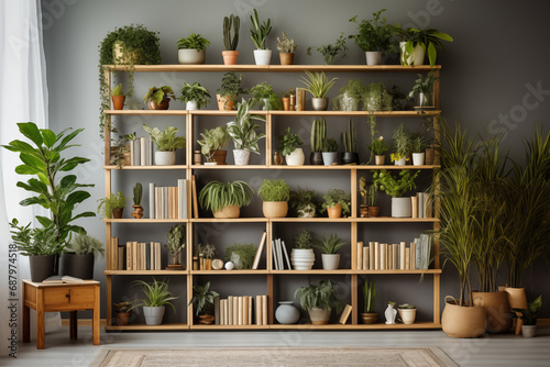 A bookshelf decorated with plants