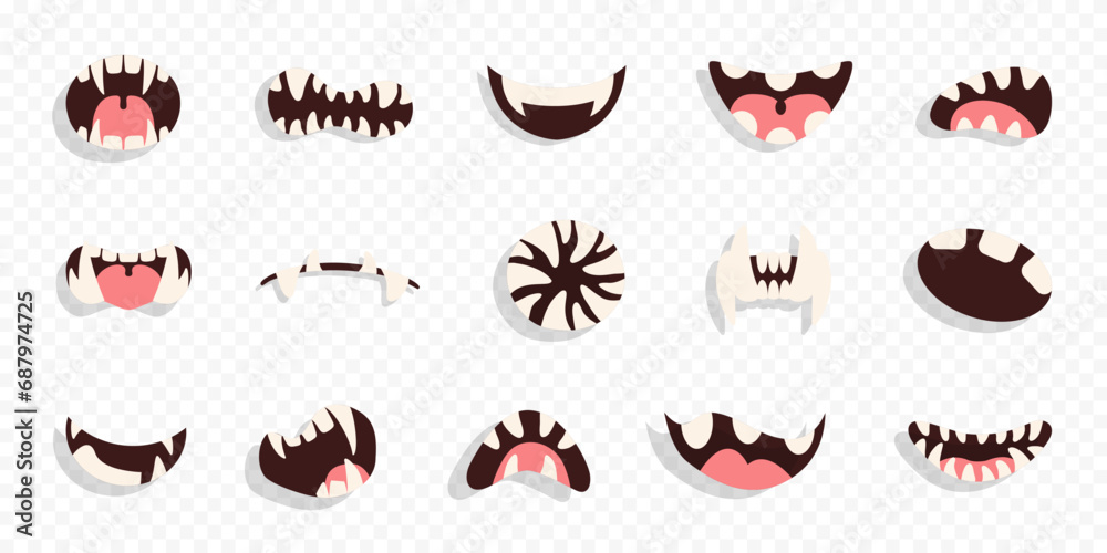 Cartoon monster mouth character collection. Cute cartoon monsters mouth. Kids cartoon character for poster - obrazy, fototapety, plakaty 