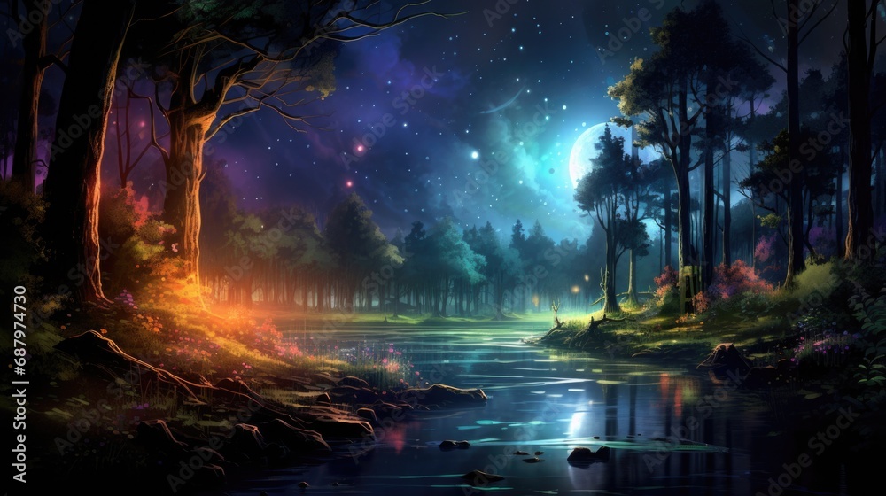 Enchanted nighttime forest landscape with celestial skies. Fantasy world imagery.