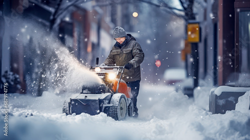 Man clears snow with a snowblower near his home. Senior using snow blower machine to clear driveway