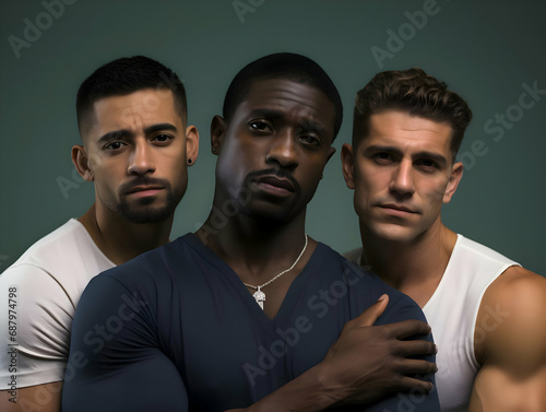 Photo of diverse ethnicities. Three muscular male models. High-resolution