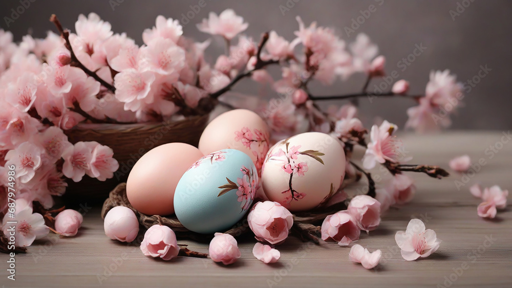 Easter eggs with cherry blossom branch on table, closeup. Happy Easter! Easter eggs with cherry blossom branch on table, closeup. Happy Easter!