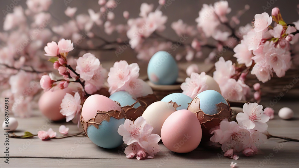 Beautiful Easter eggs and sakura flowers on wooden table, closeup