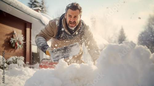 A person removing snow from a path with a shovel on a snowy day. Snow shoveling close-up. photo