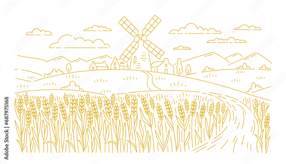Rural landscape field with a mill. Wheat spikelet in the foreground. Vector line. Editable outline stroke. - obrazy, fototapety, plakaty 