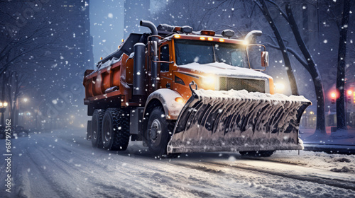 A snowplow truck is removing snow from a city street using a plow and a large truck.