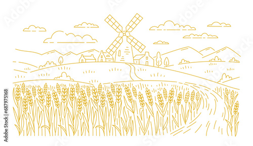 Rural landscape field with a mill. Wheat spikelet in the foreground. Vector line. Editable outline stroke.
