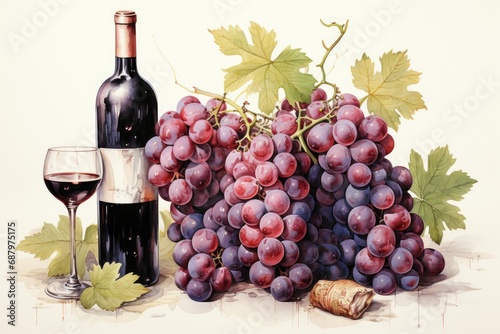 Set of white watercolor grapes and wine isolated on white. AI Generated