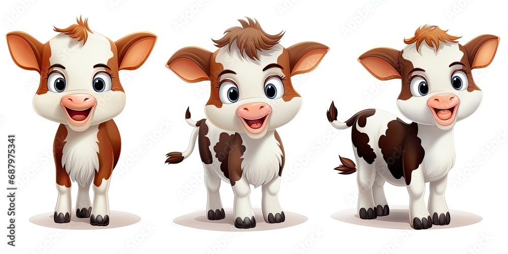 Little baby cow plush with amazing cute eyes.. 3 in one pic. White transparent background. Generative AI Technology Little baby cow plush with amazing cute eyes.. 3 in one pic. White transparent background. Generative AI Technology
