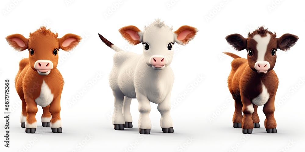 Little baby cow plush with amazing cute eyes.. 3 in one pic. White transparent background. Generative AI Technology