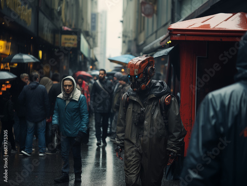 a robot on the street among the townspeople on a rainy day