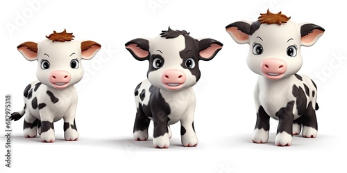 Little baby cow plush with amazing cute eyes.. 3 in one pic. White transparent background. Generative AI Technology