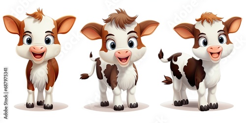 Little baby cow plush with amazing cute eyes.. 3 in one pic. White transparent background. Generative AI Technology