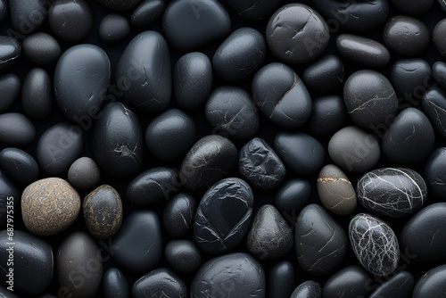 A birds-eye view of Black river stones in a horizontal