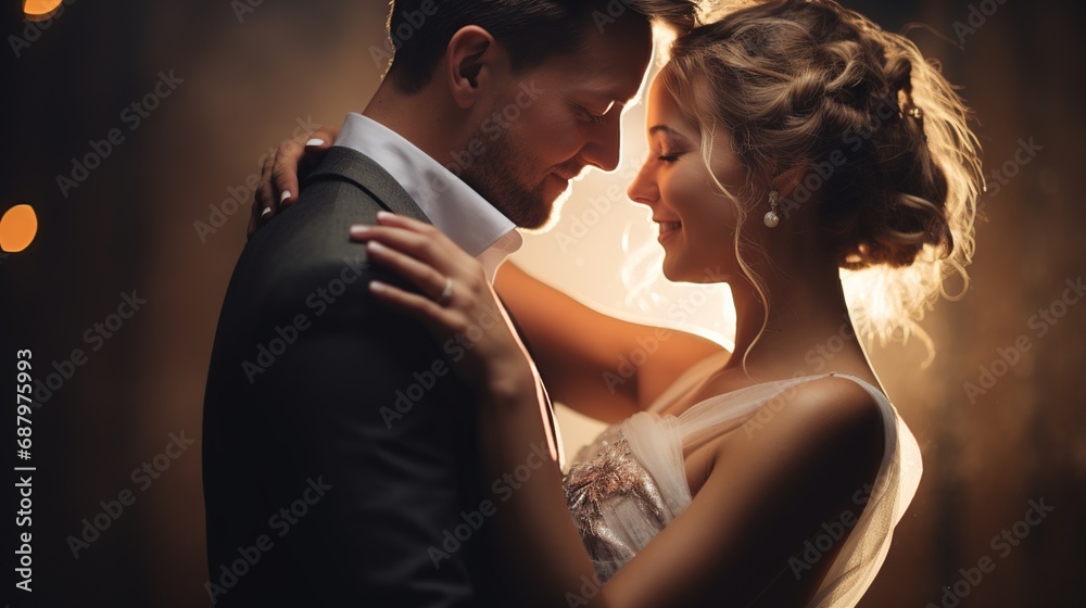 Eternal Love: Just Married Couple Embracing in Illuminated Darkness Eternal Love: Just Married Couple Embracing in Illuminated Darkness