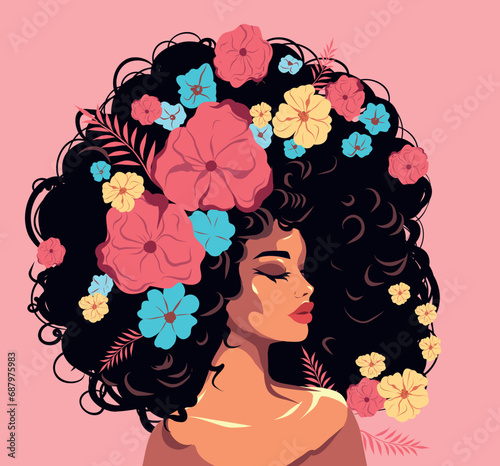 Happy International Women's Day banner Beautiful pink flowers in your hair. Pink background Hairstyle. Vector concept of movement for gender equality and women's empowerment