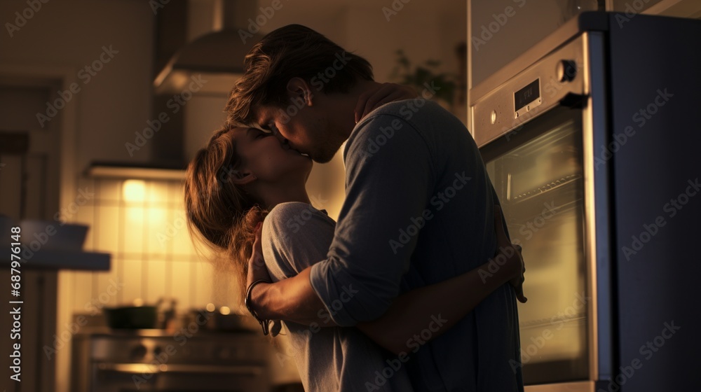 Kitchen Romance: Husband Twirling Wife with Playful Kiss Kitchen Romance: Husband Twirling Wife with Playful Kiss