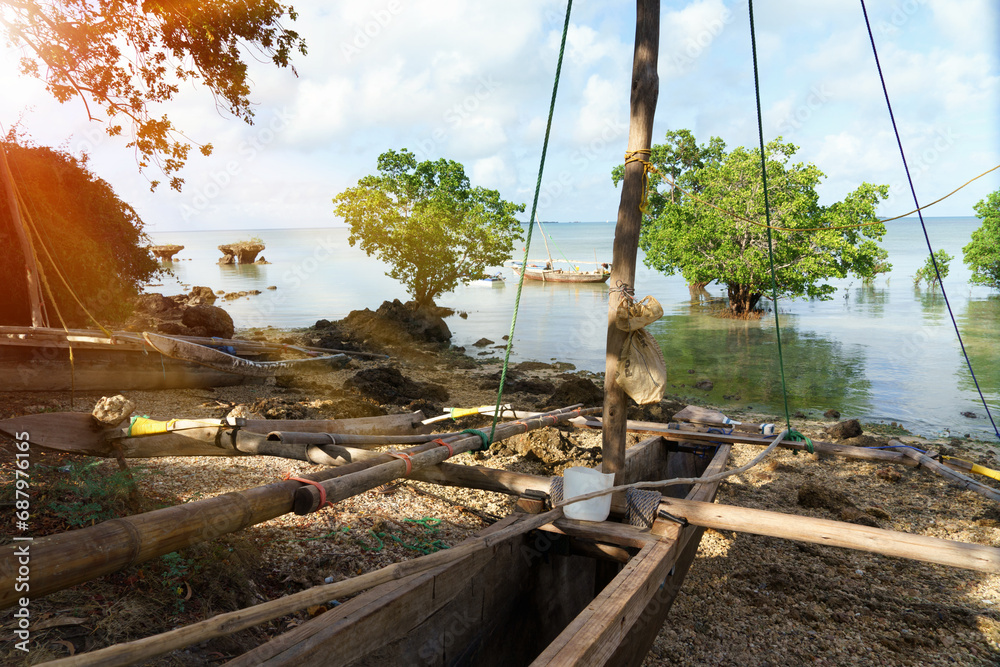 Fototapeta premium rocky seaside beach with fishing boats dhow outrigger canoes
