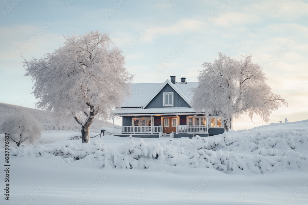 village house in snowy winter village house in snowy winter