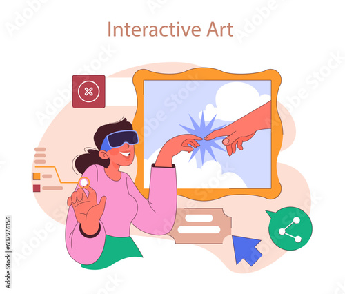Museum or art gallery. Enthusiastic woman wearing a VR glasses interact with art, connecting with the digital canvas through touch. Virtual exhibit. Flat vector illustration