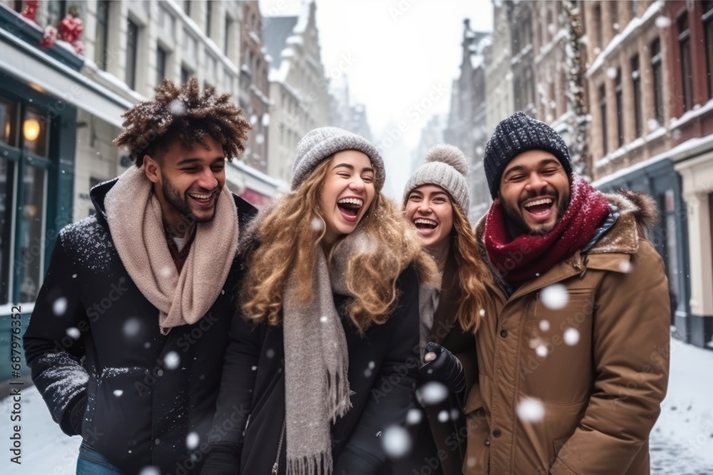 Smiling portrait of young group of student friends enjoying time together on winter city. Young adult people having fun during christmas vacation outdoors. Smiling portrait of young group of student friends enjoying time together on winter city. Young adult people having fun during christmas vacation outdoors.