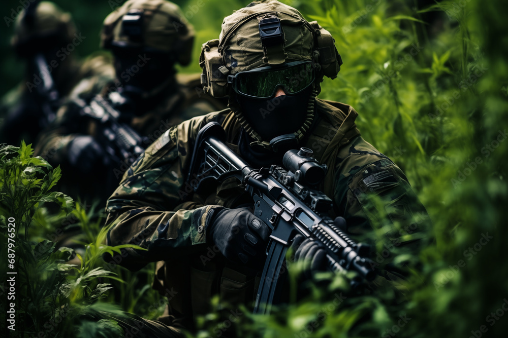 armed special forces team dressed in green camouflage 