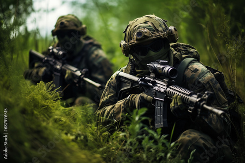 armed special forces team dressed in green camouflage 