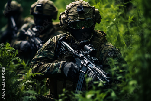 armed special forces team dressed in green camouflage  photo