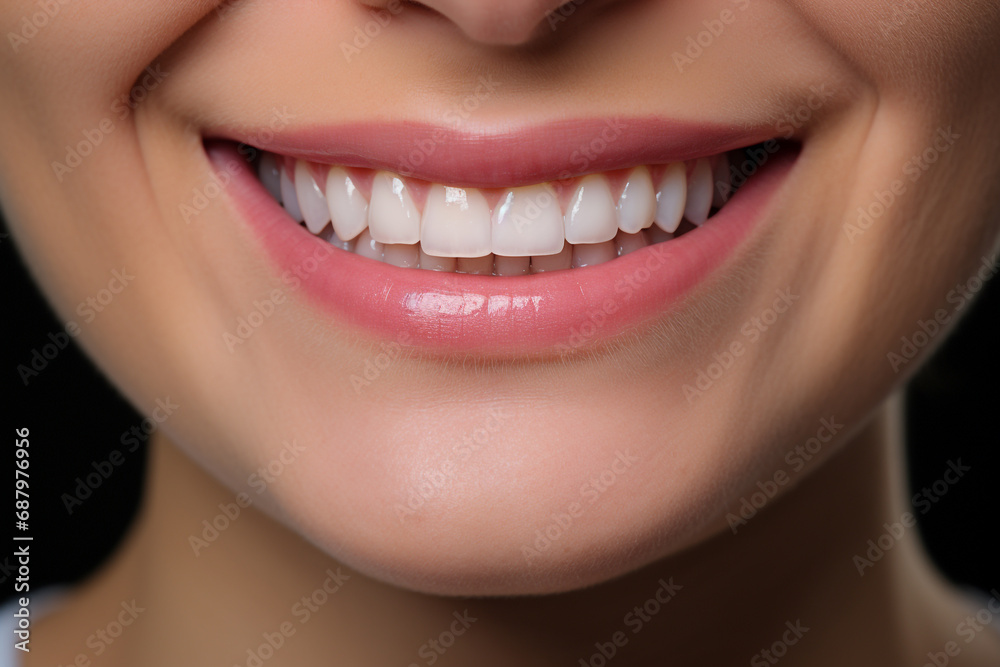 Fototapeta premium Closeup of healthy smile teeth woman. Detal mouth care.