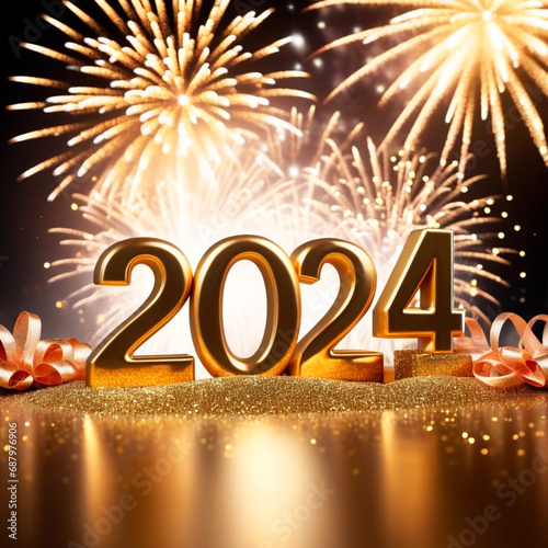 Happy new year 2024 with fireworks and gift box, 3D rendering