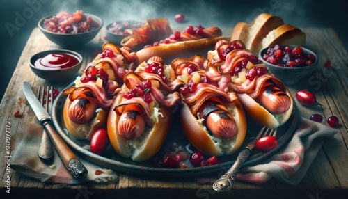 Smoky Bacon Hot Dogs with Cranberry Salsa
 photo