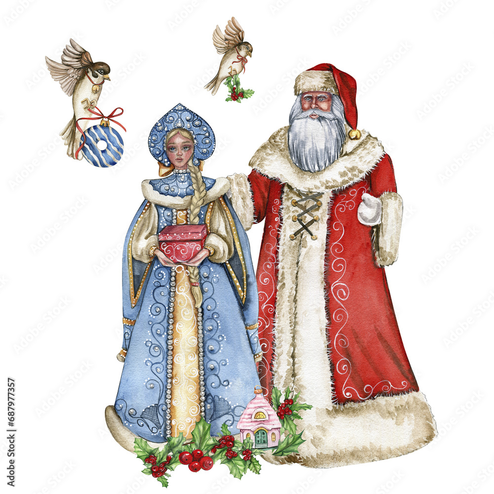 Watercolor composition of Santa Claus ,Snow maiden and sparrows. Greeting New Year's card, Santa Claus with long white beard. Santa in red coat with white ornament. Handmade painting.